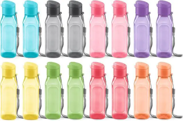 Main image of Bulk Set of 16 Multicolor 10oz Water Bottles for Kids and Adults - Leak Proof With Carry Strap - Square Reusable for Juice, Drinks - BPA-Free Dishwasher-Safe
