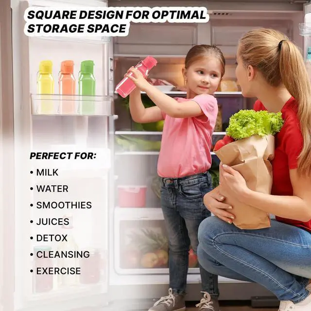 Alt view image 2 of 7 - Bulk Set of 16 Multicolor 10oz Water Bottles for Kids and Adults - Leak Proof With Carry Strap - Square Reusable for Juice, Drinks - BPA-Free Dishwasher-Safe