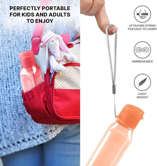 Alt view image 4 of 7 - Bulk Set of 16 Multicolor 10oz Water Bottles for Kids and Adults - Leak Proof With Carry Strap - Square Reusable for Juice, Drinks - BPA-Free Dishwasher-Safe