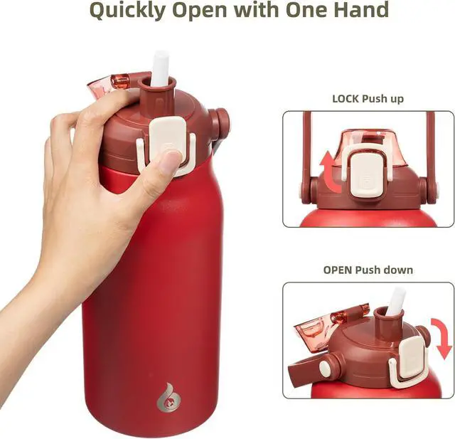 Alt view image 3 of 6 - BJPKPK Insulated Water Bottles with Straw, 57 oz Sports Water Bottle with One-handed Opening Lid, BPA Free Leakproof Easy Carry Thermos, Jugs, Flasks for Gym Sports Outdoors, Red