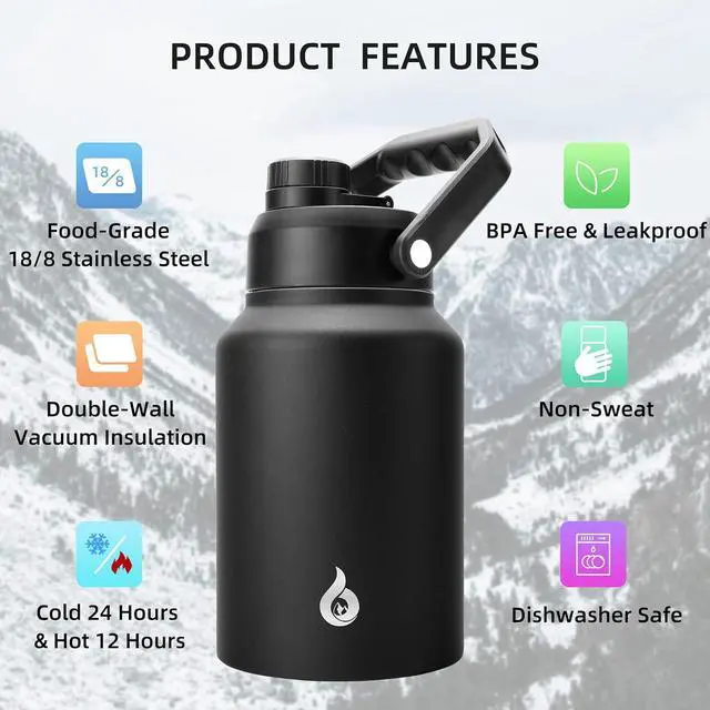 Alt view image 3 of 6 - BJPKPK 64 oz Insulated Water Bottle, Dishwasher Safe Half Gallon Water Bottle with Ergonomic Handle, BPA Free Leak Proof Water Jug for Sports, Metal Thermos with Anti-slip Bottom, Black