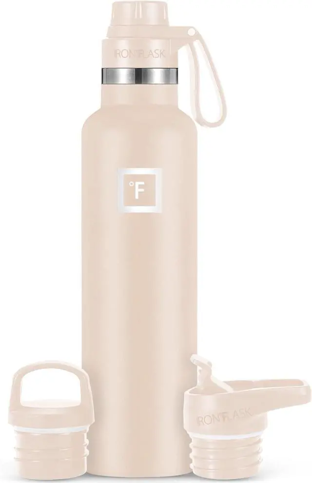 Main image of IRON °FLASK Camping & Hiking Hydration Canteens - 3 Lids (Narrow Spout Lid) Leak Proof Vacuum Insulated Stainless Steel - Hot & Cold Double Walled Sports Water Bottle - Sand, 24 Oz