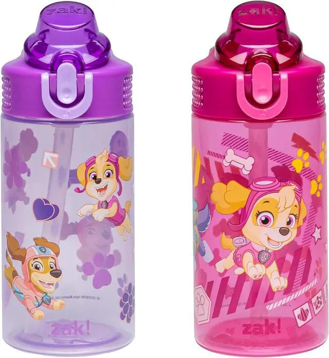 Main image of Zak Designs PAW Patrol Sage Kids Water Bottle For School or Travel, 16oz Durable Plastic Water Bottle With Straw, Handle, and Leak-Proof, Pop-Up Spout Cover, 2-Pack Set (Skye & Friends)