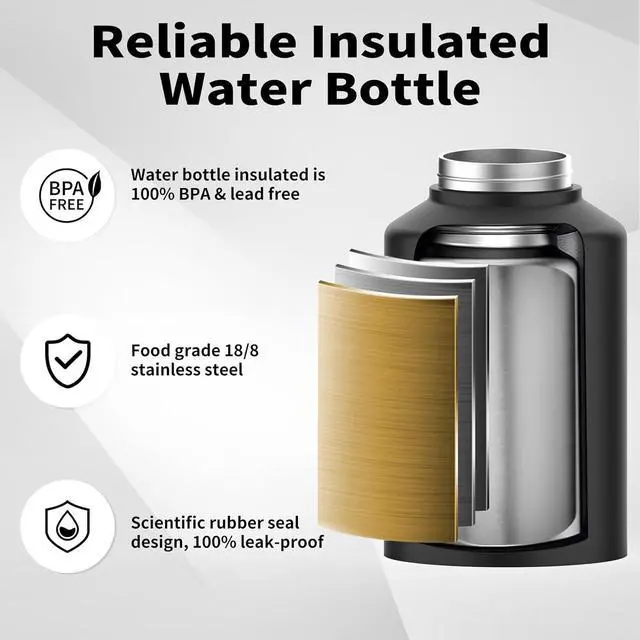 Alt view image 3 of 7 - Half Gallon Water Bottle Insulated(Cold for 48 Hrs),BPA Free&Leak Proof,64oz Stainless Steel Water Jug/Flask,Big thermos,Large Water Bottle with Handle for Gym,Hiking,Camping,Black