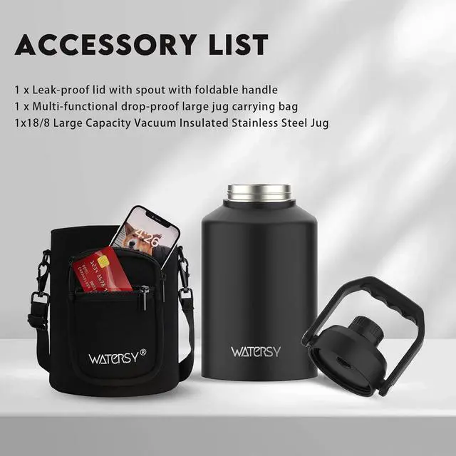 Alt view image 6 of 7 - Half Gallon Water Bottle Insulated(Cold for 48 Hrs),BPA Free&Leak Proof,64oz Stainless Steel Water Jug/Flask,Big thermos,Large Water Bottle with Handle for Gym,Hiking,Camping,Black