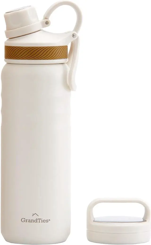 Main image of GRANDTIES 2 Lids Sports Stainless Steel Water Bottles  Wide Mouth Vacuum Insulated Reusable Leak Proof BPA-Free Travel Metal Canteen, Thermal Bottles for Men Women Gym (Ivory White 24 oz)