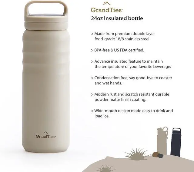 Alt view image 2 of 7 - GRANDTIES 2 Lids Sports Stainless Steel Water Bottles  Wide Mouth Vacuum Insulated Reusable Leak Proof BPA-Free Travel Metal Canteen, Thermal Bottles for Men Women Gym (Ivory White 24 oz)