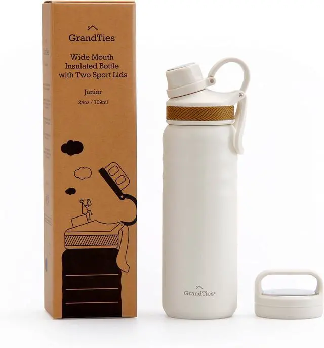 Alt view image 6 of 7 - GRANDTIES 2 Lids Sports Stainless Steel Water Bottles  Wide Mouth Vacuum Insulated Reusable Leak Proof BPA-Free Travel Metal Canteen, Thermal Bottles for Men Women Gym (Ivory White 24 oz)