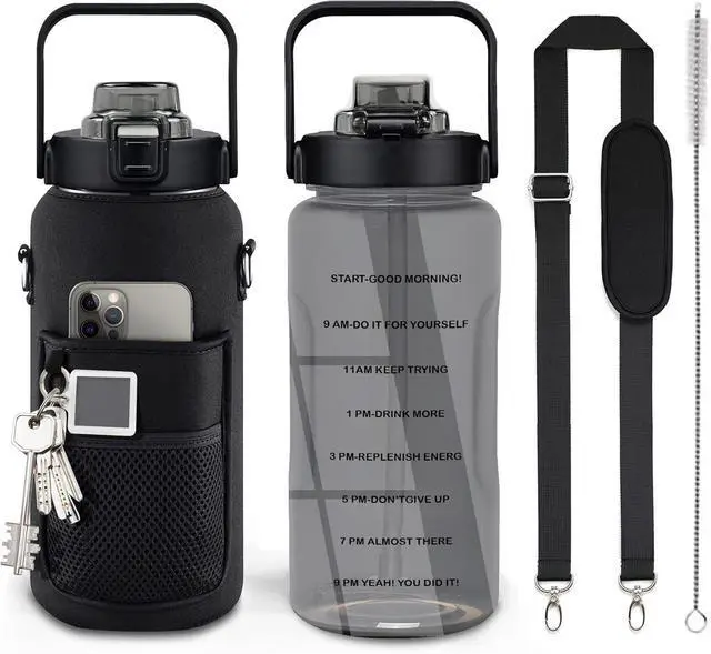Main image of Half Gallon Water Bottle with Sleeve, 64OZ Motivational Water Bottle with Straw & Time Marker, BPA Free Leakproof Large Sports Water Bottle, Reusable Water Jug for Workout Gym Sport