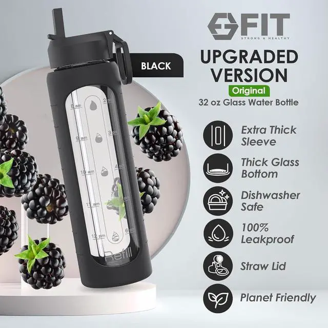 Alt view image 2 of 6 - FIT Strong & Healthy 32 oz Glass Water Bottle with Time Marker & Silicone Sleeve - w/Handle & 2 Leakproof Lids Straw & Spout Lid, Wide Mouth, BPA Free 1 Liter Motivational Drinking Bottle, Black