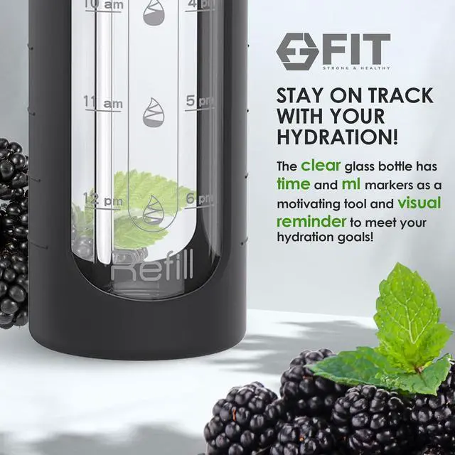 Alt view image 3 of 6 - FIT Strong & Healthy 32 oz Glass Water Bottle with Time Marker & Silicone Sleeve - w/Handle & 2 Leakproof Lids Straw & Spout Lid, Wide Mouth, BPA Free 1 Liter Motivational Drinking Bottle, Black