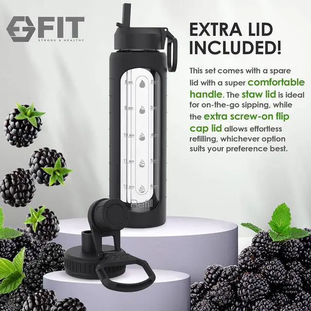 Alt view image 4 of 6 - FIT Strong & Healthy 32 oz Glass Water Bottle with Time Marker & Silicone Sleeve - w/Handle & 2 Leakproof Lids Straw & Spout Lid, Wide Mouth, BPA Free 1 Liter Motivational Drinking Bottle, Black