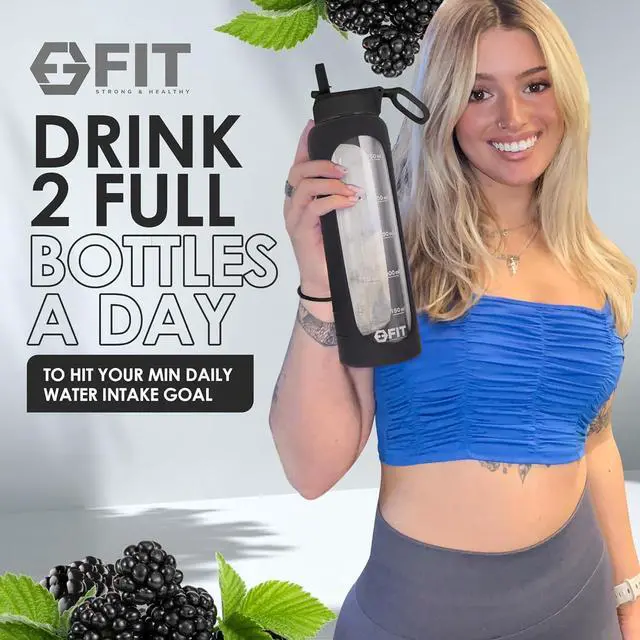 Alt view image 6 of 6 - FIT Strong & Healthy 32 oz Glass Water Bottle with Time Marker & Silicone Sleeve - w/Handle & 2 Leakproof Lids Straw & Spout Lid, Wide Mouth, BPA Free 1 Liter Motivational Drinking Bottle, Black