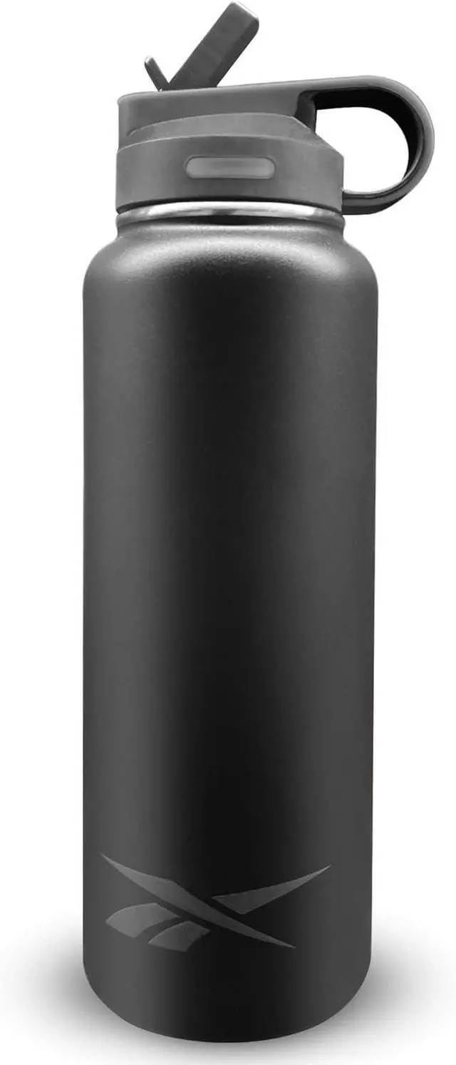 Main image of Reebok Stainless Steel Water Bottle With Straw & Athletic Design - Insulated Water Bottles 32 oz - Double Wall Vacuum Insulated Sports Water Bottle With Straw, BPA Free (Black)