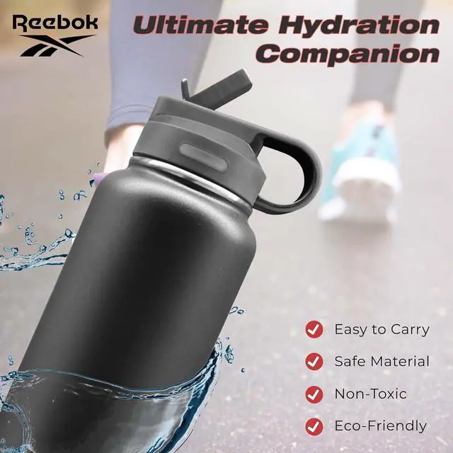 Alt view image 2 of 7 - Reebok Stainless Steel Water Bottle With Straw & Athletic Design - Insulated Water Bottles 32 oz - Double Wall Vacuum Insulated Sports Water Bottle With Straw, BPA Free (Black)