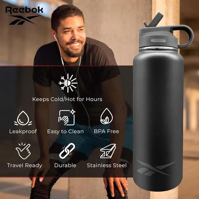 Alt view image 3 of 7 - Reebok Stainless Steel Water Bottle With Straw & Athletic Design - Insulated Water Bottles 32 oz - Double Wall Vacuum Insulated Sports Water Bottle With Straw, BPA Free (Black)