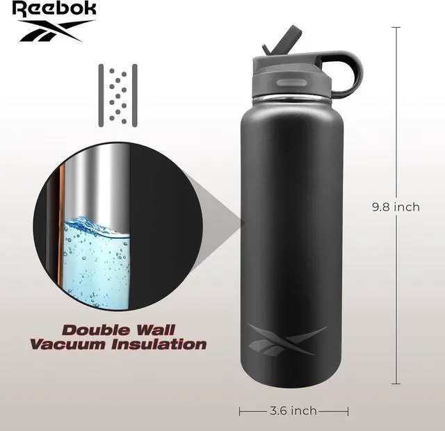 Alt view image 4 of 7 - Reebok Stainless Steel Water Bottle With Straw & Athletic Design - Insulated Water Bottles 32 oz - Double Wall Vacuum Insulated Sports Water Bottle With Straw, BPA Free (Black)