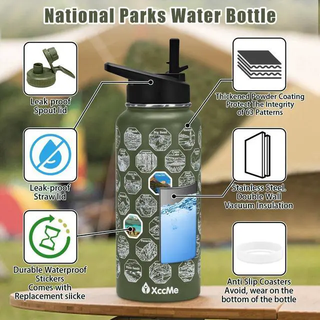 Alt view image 2 of 7 - 63 National Parks Water Bottle with Stickers,32 oz Stainless Steel Insulated Water Bottle with Straw,2 Lids,Leak Proof Metal Water Cup for Hiking,Travel,Sports,Camping,Wide Mouth Bottle