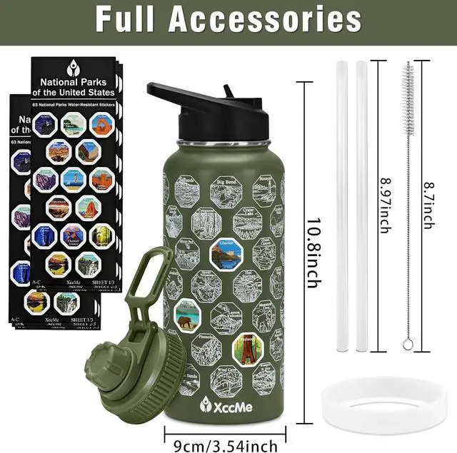 Alt view image 3 of 7 - 63 National Parks Water Bottle with Stickers,32 oz Stainless Steel Insulated Water Bottle with Straw,2 Lids,Leak Proof Metal Water Cup for Hiking,Travel,Sports,Camping,Wide Mouth Bottle