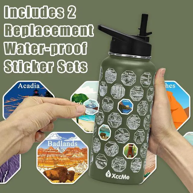 Alt view image 4 of 7 - 63 National Parks Water Bottle with Stickers,32 oz Stainless Steel Insulated Water Bottle with Straw,2 Lids,Leak Proof Metal Water Cup for Hiking,Travel,Sports,Camping,Wide Mouth Bottle