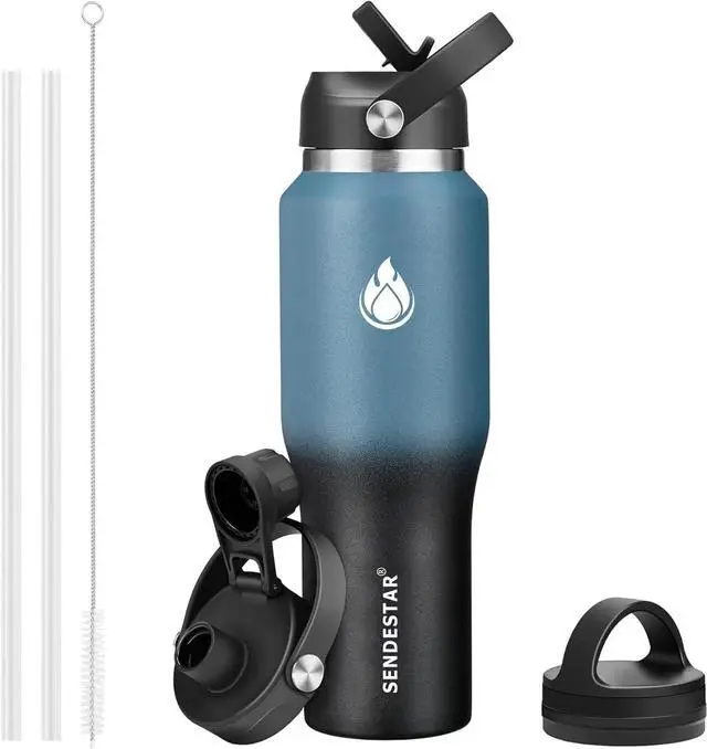 Main image of SENDESTAR 40oz Stainless Steel Water Bottle(Cold for 48 Hrs, Hot for 24 Hrs),Double Wall Vacuum Insulated Bottle with Straw Lid, Spout Lid and Flex Cap, Fit in Any Car Cup HolderCyanotic B