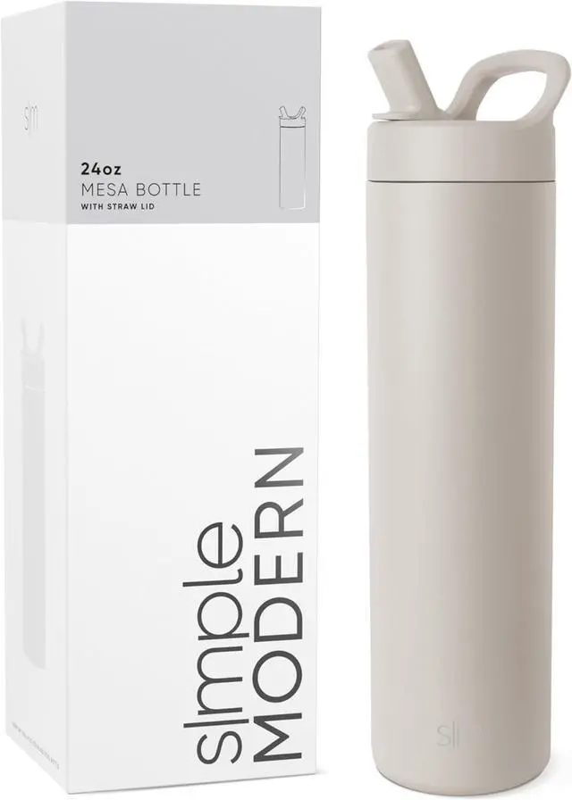 Main image of Simple Modern Water Bottle with Straw lid | Insulated Stainless Steel Thermos | Reusable Travel Water Bottles for Gym & Sports | Leak Proof & BPA Free | Mesa Collection | 24oz, Almond Birch