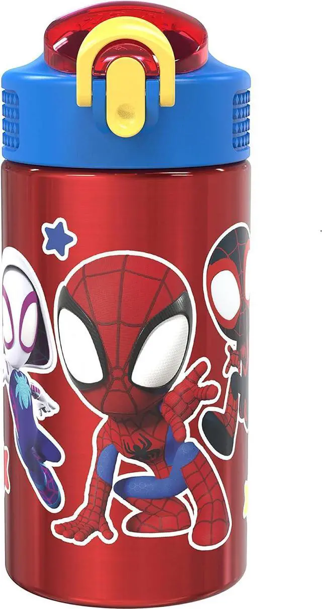 Main image of Zak Designs Marvel Spider-Man 18/8 Single Wall Stainless Steel Kids Water Bottle, Flip Straw Locking Spout Cover, Durable Cup for Sports or Travel (15.5oz, Non-BPA, Spidey and His Amazing Friends)