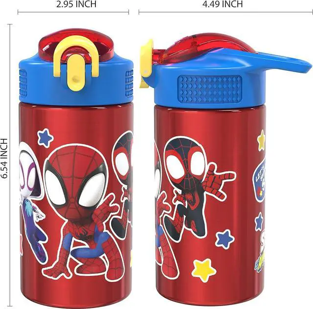 Alt view image 6 of 7 - Zak Designs Marvel Spider-Man 18/8 Single Wall Stainless Steel Kids Water Bottle, Flip Straw Locking Spout Cover, Durable Cup for Sports or Travel (15.5oz, Non-BPA, Spidey and His Amazing Friends)