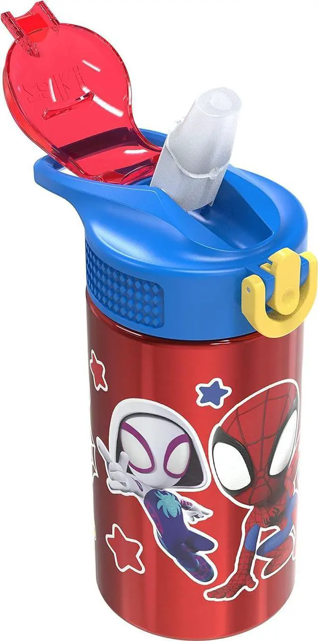 Alt view image 7 of 7 - Zak Designs Marvel Spider-Man 18/8 Single Wall Stainless Steel Kids Water Bottle, Flip Straw Locking Spout Cover, Durable Cup for Sports or Travel (15.5oz, Non-BPA, Spidey and His Amazing Friends)