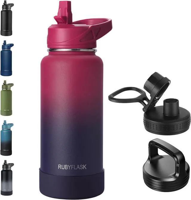 Main image of 32oz Insulated Water Bottle with Straw, Stainless Steel Metal Vacuum Water Flask, Large Thermos Water bottle with Leakproof 3 Lids for Travel, Camping, Gym Sports Dark Rainbow