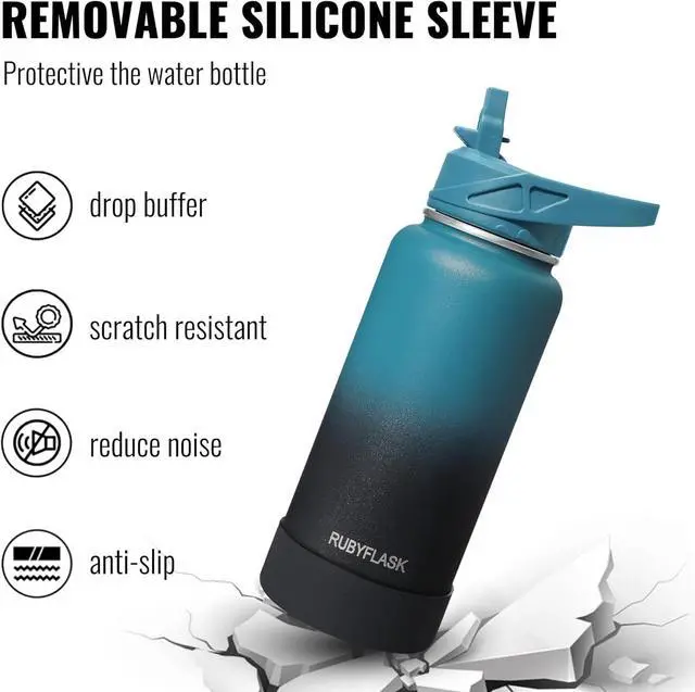 Alt view image 5 of 7 - 32oz Insulated Water Bottle with Straw, Stainless Steel Metal Vacuum Water Flask, Large Thermos Water bottle with Leakproof 3 Lids for Travel, Camping, Gym Sports Black