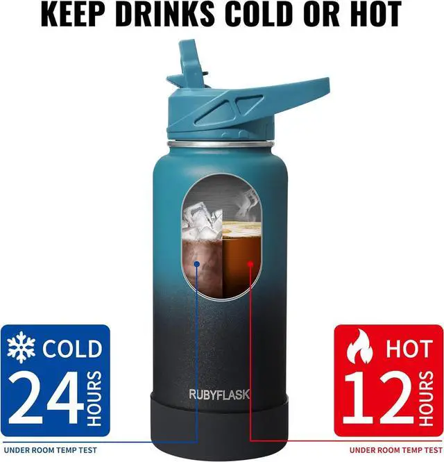 Alt view image 4 of 7 - 32oz Insulated Water Bottle with Straw, Stainless Steel Metal Vacuum Water Flask, Large Thermos Water bottle with Leakproof 3 Lids for Travel, Camping, Gym Sports Black