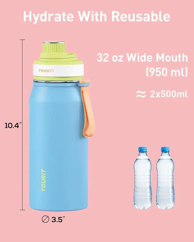 Alt view image 6 of 7 - 32oz Stainless Steel Wide Mouth Water Bottle Double-Wall Vacuum Insulation with Spout Lid for Sports and Travel Black