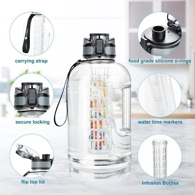 Alt view image 5 of 7 - UTEBIT 74 OZ Fruit Infuser Water Bottle, Half Gallon Insulated Sports Water Bottle With Straw, 2.2L BPA Free Leak Proof Tritan Large Water Jug with Strap for Gym, Camping, Travel, Outdoor