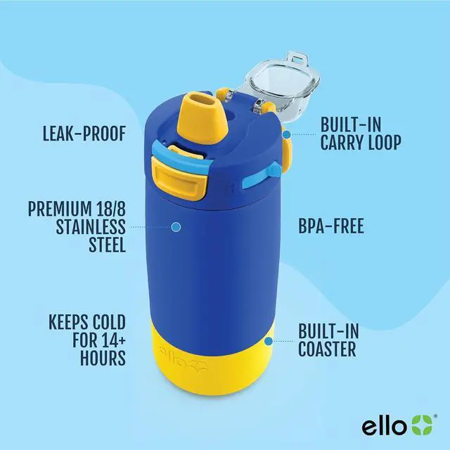 Alt view image 3 of 7 - Ello Kids Colby 12oz Stainless Steel Insulated Water Bottle with Straw and Built-In Silicone Coaster Carrying Handle and Leak-Proof Locking Lid for School Backpack, Lunchbox, and Outdoor Sports