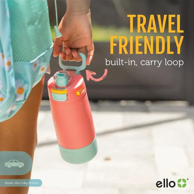Alt view image 7 of 7 - Ello Kids Colby 12oz Stainless Steel Insulated Water Bottle with Straw and Built-In Silicone Coaster Carrying Handle and Leak-Proof Locking Lid for School Backpack, Lunchbox, and Outdoor Sports