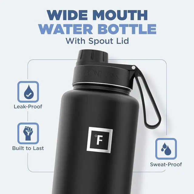 Alt view image 2 of 7 - Camping & Hiking Hydration Flask with 3 Lids - Stainless Steel Double Walled & Vacuum Insulated Water Bottle - Leak Proof & BPA Free (Midnight Black Spout - 40 oz)