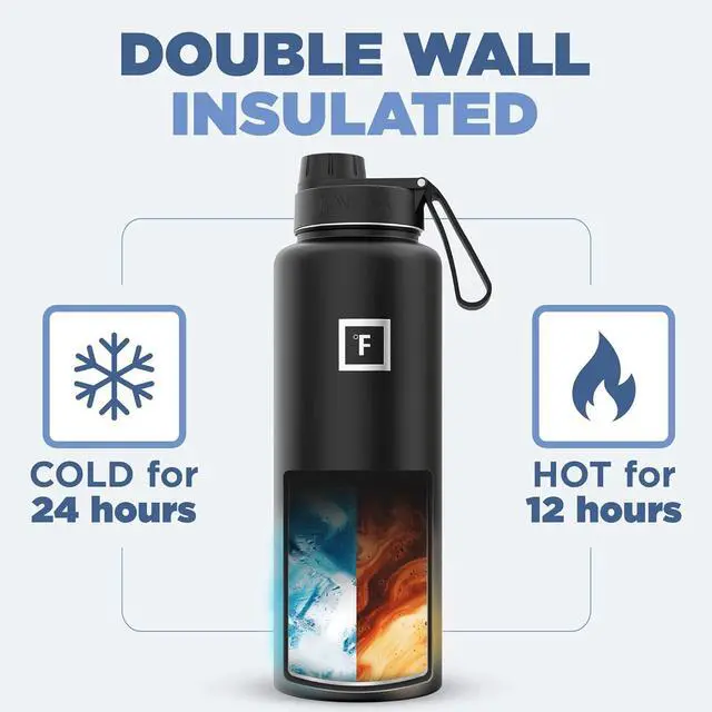 Alt view image 4 of 7 - Camping & Hiking Hydration Flask with 3 Lids - Stainless Steel Double Walled & Vacuum Insulated Water Bottle - Leak Proof & BPA Free (Midnight Black Spout - 40 oz)