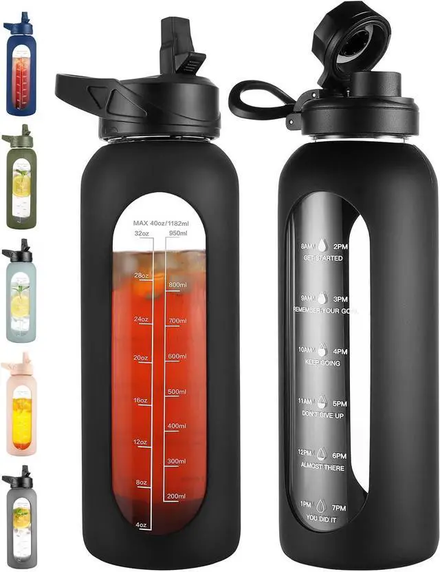 Main image of CIVAGO 40 oz Glass Water Bottle with Straw and Handle, Large Sports Motivational Water Bottle Flask with Time Marker and 2 Lids, Leakproof Water Jug Canteen with Silicone Sleeve for Gym,Black