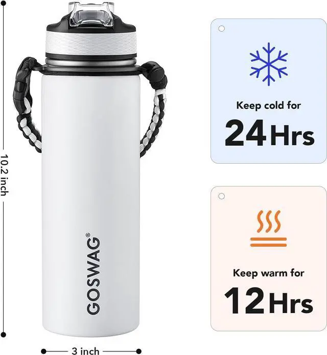 Alt view image 2 of 6 - GOSWAG Insulated Sports Water Bottle, 24oz 2 Lids(with Straw/No Straw), Stainless Steel Water Bottles with Paracord Handle, Insulated Thermos with Double-Wall Vacuum Insulation