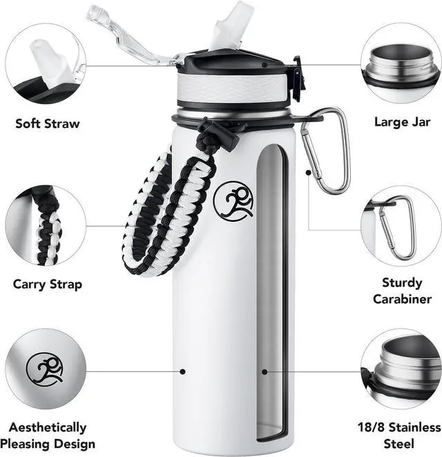 Alt view image 3 of 6 - GOSWAG Insulated Sports Water Bottle, 24oz 2 Lids(with Straw/No Straw), Stainless Steel Water Bottles with Paracord Handle, Insulated Thermos with Double-Wall Vacuum Insulation