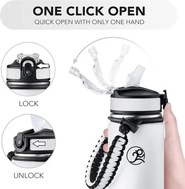 Alt view image 5 of 6 - GOSWAG Insulated Sports Water Bottle, 24oz 2 Lids(with Straw/No Straw), Stainless Steel Water Bottles with Paracord Handle, Insulated Thermos with Double-Wall Vacuum Insulation
