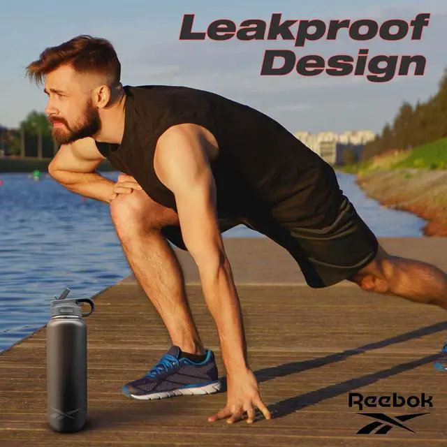 Alt view image 5 of 7 - Reebok Stainless Steel Water Bottle With Straw & Athletic Design - Insulated Water Bottles 32 oz - Double Wall Vacuum Insulated Sports Water Bottle With Straw, BPA Free (Black)