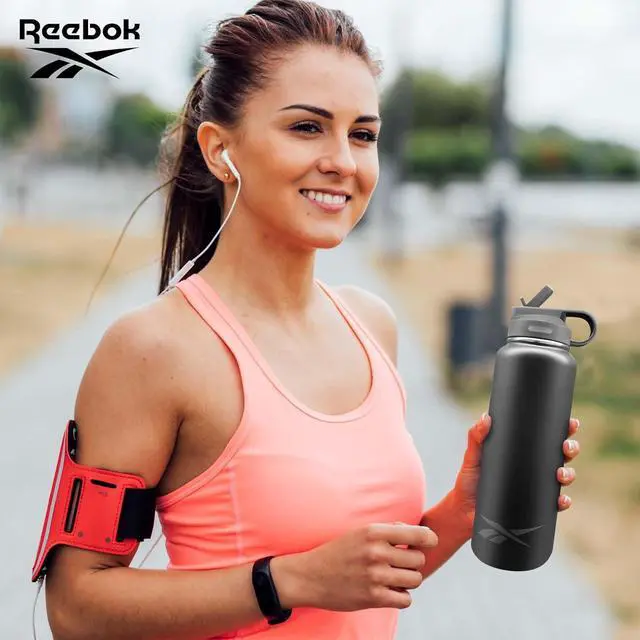 Alt view image 7 of 7 - Reebok Stainless Steel Water Bottle With Straw & Athletic Design - Insulated Water Bottles 32 oz - Double Wall Vacuum Insulated Sports Water Bottle With Straw, BPA Free (Black)