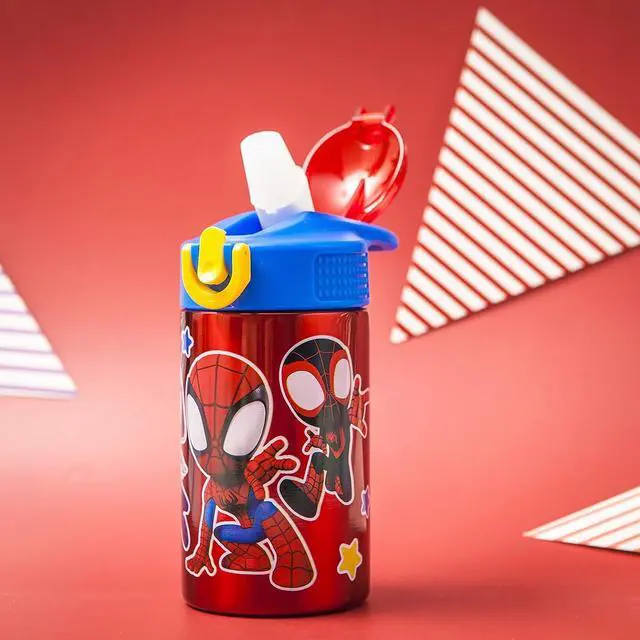Alt view image 2 of 7 - Zak Designs Marvel Spider-Man 18/8 Single Wall Stainless Steel Kids Water Bottle, Flip Straw Locking Spout Cover, Durable Cup for Sports or Travel (15.5oz, Non-BPA, Spidey and His Amazing Friends)