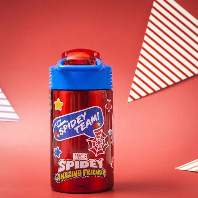 Alt view image 3 of 7 - Zak Designs Marvel Spider-Man 18/8 Single Wall Stainless Steel Kids Water Bottle, Flip Straw Locking Spout Cover, Durable Cup for Sports or Travel (15.5oz, Non-BPA, Spidey and His Amazing Friends)