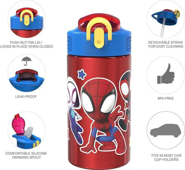 Alt view image 4 of 7 - Zak Designs Marvel Spider-Man 18/8 Single Wall Stainless Steel Kids Water Bottle, Flip Straw Locking Spout Cover, Durable Cup for Sports or Travel (15.5oz, Non-BPA, Spidey and His Amazing Friends)