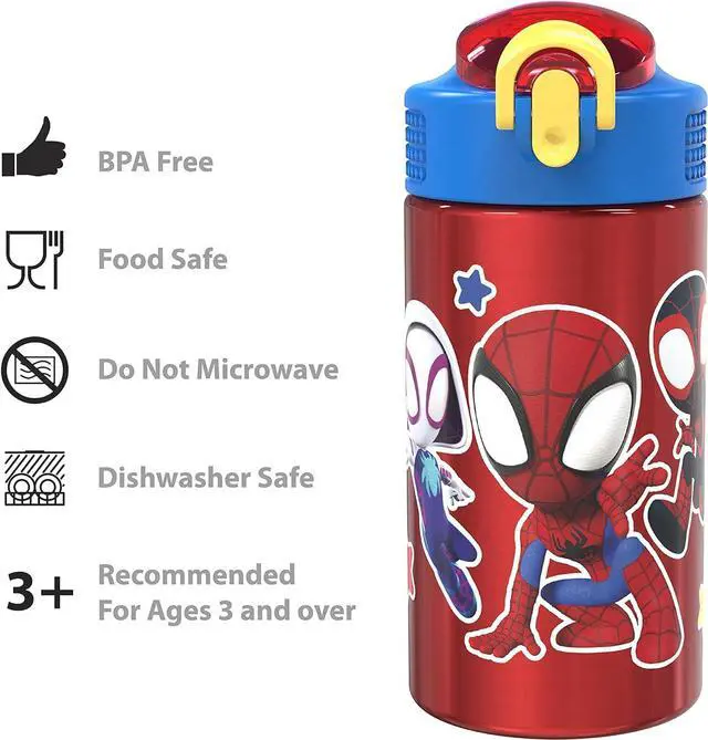 Alt view image 5 of 7 - Zak Designs Marvel Spider-Man 18/8 Single Wall Stainless Steel Kids Water Bottle, Flip Straw Locking Spout Cover, Durable Cup for Sports or Travel (15.5oz, Non-BPA, Spidey and His Amazing Friends)