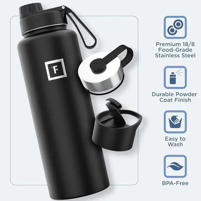 Alt view image 5 of 7 - Camping & Hiking Hydration Flask with 3 Lids - Stainless Steel Double Walled & Vacuum Insulated Water Bottle - Leak Proof & BPA Free (Midnight Black Spout - 40 oz)