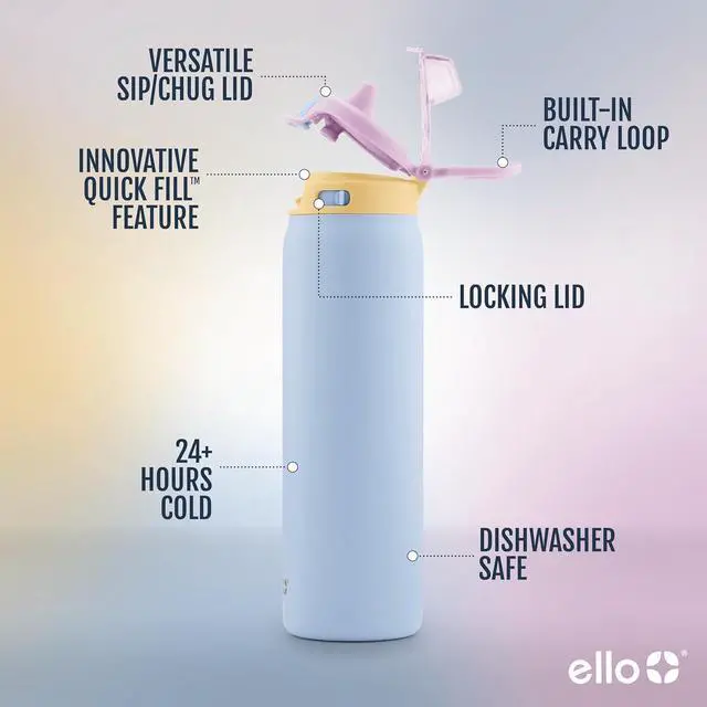 Alt view image 3 of 7 - Ello Pop & Fill Stainless Steel Water Bottle with Quick Fill Technology, Double Walled Vacuum Insulated Metal, Leak Proof Locking Lid, Sip & Chug, BPA Free, Holiday Gift for Him Her, 22oz, 32oz, 40oz
